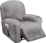 4-Piece, 1 Seat Recliner Cover, Velvet Stretch Reclining Chair Covers for 1 Cushion Reclining Sofa, Single Seat Recliner Couch Cover, Thick, Very Soft, Machine Washable (Light Grey)