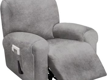 4-Piece, 1 Seat Recliner Cover, Velvet Stretch Reclining Chair Covers for 1 Cushion Reclining Sofa, Single Seat Recliner Couch Cover, Thick, Very Soft, Machine Washable (Light Grey)