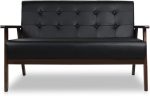 Mid-Century Modern Solid Loveseat Sofa Upholstered Faux Leather Couch 2-Seat Wood Armchair Living Room/Outdoor Lounge Chair, Waiting Room Sofa, 50”W