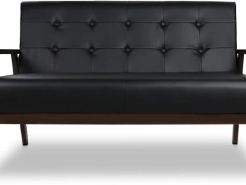 Mid-Century Modern Solid Loveseat Sofa Upholstered Faux Leather Couch 2-Seat Wood Armchair Living Room/Outdoor Lounge Chair, Waiting Room Sofa, 50”W