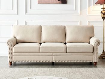 3 Seater Sofa Couch Classic Fabric,with Nails Style and Solid Wood Legs,Easy Assemble/Beige