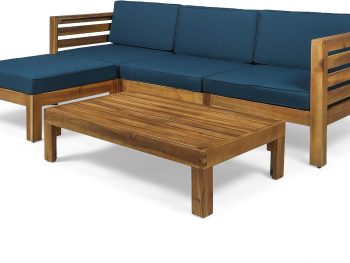 Outdoor 5 Piece Acacia Wood Sofa Set, Teak Finish, Dark Teal