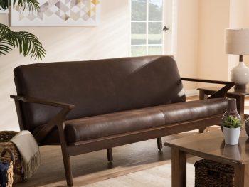 Mid-Century Modern Sofa, 3-Seater Living Room Couch, Solid Wood Frame, Faux Leather Upholstery