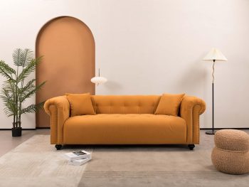90" Medieval Loveseat Sofa,Vintage Chesterfield Couch with Rivet Handrails,Roll Armrests, Solid Wood Frame,Comfy Deep Seats and Pillows,Ideal for Living Room,Apartment,Office, Dorm (Orange)