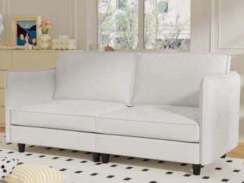 74" Sturdy Solid Wood Frame Mid-Century Sofa, Modern Couch with Easy Assembly, Loveseat with Armrest Pockets for Small Spaces​​, Beige