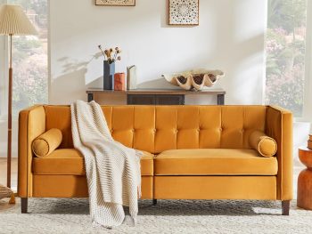 78'' W Velvet Sofa, Mid-Century Love Seats Sofa Furniture with Bolster Pillows, Button Tufted Couch for Living Room, Tool-Free Assembly (Ginger)