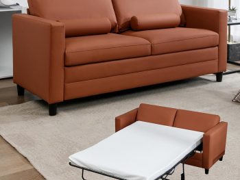 Full Size Pull Out Sofa Bed, 2 in 1 Sleeper Sofa with Memory Foam Fold Out Mattress, Modern Convertible Couch Bed with Faux Leather for Living Room Guestroom Apartment (Cognac Hue)