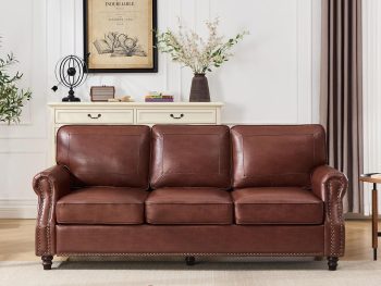 Faux Leather Sofa, Mid Century Modern Couch with Rolled Arm & Nailhead Trim for Living Room, Office - Retro Brown