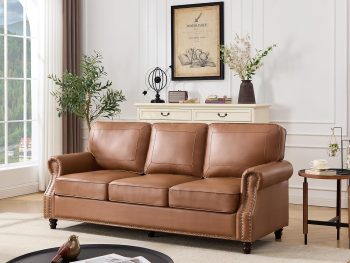 Mid-Century Modern Couch, Faux Leather Sofa, 3 Seater Couch for Living Room with Rolled arms & Nailhead Trim, Brown