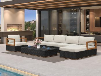 Patio Outdoor Furniture Set 8 Pieces, Premium Leather Outdoor Couch Sectional Sofa, L-Shaped Patio Conversation Sets with Olefin Cushions, Patio Couch for Porch, Balcony, Garden, Black