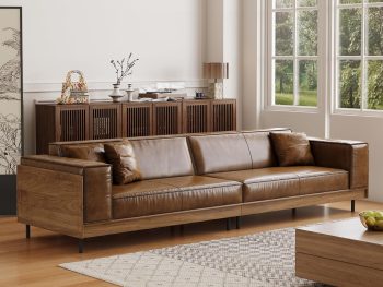 Mid-Century Modern Leather Sofa 111.81" with Wooden Accents on Sides & Back, Spacious 3 - Seat Couch for Living Room, Bedroom or Lounge Space, Brown