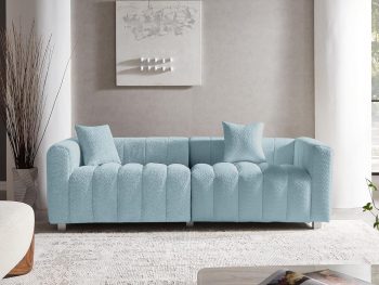 3 Seater Sofa with Two Pillows, Tufted Teddy Fabric Mid-Century Sofa Couch, Upholstered Sofa Couch Solid Wood Fram and Legs for Living Room Bedroom Office (Blue-87.4")