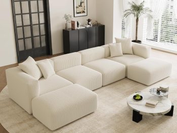 Convertible Modular Sectional Sofa with Movable Ottomans, Free Combination Corduroy Couch for Living Room Apartments, U-Shaped, White
