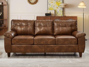 79-inch 3 Seater Couch with Storage, Mid-Century Vintage Retro Faux Leather PU Upholstery Tufted Cloud Comfy Deep Seat Sofa Couch for Living Room Office Apartment, Brown