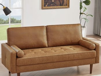 58" Loveseat Sofa Couch, Mid Century Modern Faux Leather Couch with Hand-Sewn Deep Love Seat & 2Pillows, Home Sofa Living Room Small Couches for Small Space,Bedroom,Office,Solid Wood Frame,Brown