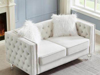 60" Chesterfield Sofa, Velvet Mid-Century Modern Upholstered Loveseat Sofa with 2 Throw Pillows and Acrylic Legs, Nailhead Button Tufted Vintage Couch for Living Room, Apartment, Beige