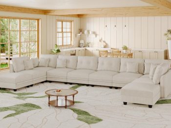 Oversized Modular Sectional Couches for Living Room with Storage | Plush Corduroy, 10-Seater Sofa, 8 Throw Pillows, L/U-Shaped Sleeper, Beige Sofa