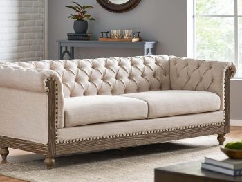 3-Seat Sofa with Wooden Legs, Retro Style Sofa Couch Furniture with Rivet Detailing, Loveseat with Pull-tab Backrest for Living Room Apartments Office, Beige
