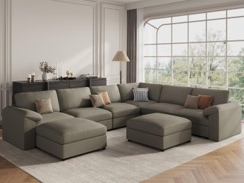 Modular Sectional Sofa, Oversized Faux Leather Sectional with Ottoman, Wide Deep Modular Couch, Scratch Resistant Faux Leather Material, U Shaped Couch for Big Spaces, Light Grey