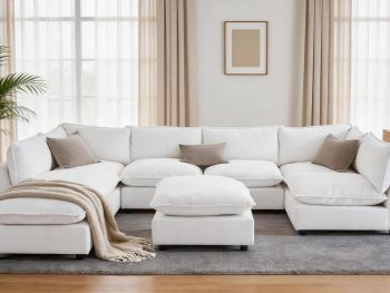 Modular Sectional Sofa, Oversized Chenille Cloud Couch, Deep Comfy Seat, 8-Seater Sofas Couches for Living Room, White | Premium Chenille, Without Compress, Oversized, Cloud Comfort, Thick Cushions