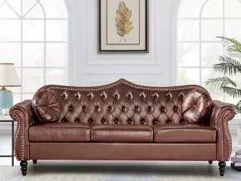 82" Three Seater Sofa, Chesterfield Sofa, Mid-Century Modern PU Upholstered Sofa, Deep Button Tufted Living Room Sofa with Two Throw Pillows, Brown