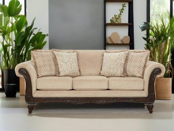 Carved Wood Frame Sofa, Beige Wheat