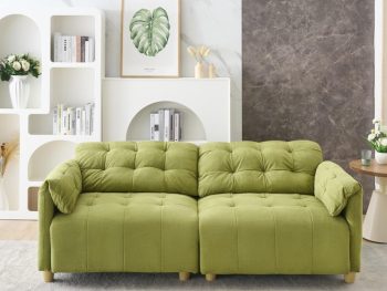 French Retro Cloud Style Flannelette Fabric 2-Seat Sofa with Tufted Cushions, Solid Wood Frame, High-Density Sponge Filling, Soft Upholstered Backrest, Wide Deep Seating, Quick Rebound Support (Green)