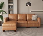91" Faux Leather Modular Sectional Sofa with Storage, Mid Century Modern Sectional Couches for Living Room, Soft Padded Armrests, 3 Seater L-Shaped Couch with Ottoman, Brown