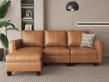 91" Faux Leather Modular Sectional Sofa with Storage, Mid Century Modern Sectional Couches for Living Room, Soft Padded Armrests, 3 Seater L-Shaped Couch with Ottoman, Brown