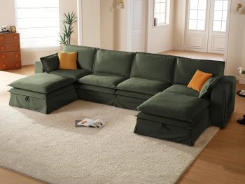 162.2" Washable Oversized Modular Sectional Sofa, Cloud Couch with Fully Removable Cover, Comfy Sectional Couches for Living Room, Performance Fabric, Green, 4-Seater with 2 Storage Ottoman,U-Shaped | Fully Washable Cover, Performance Fabric, 36.6” Oversized Seat, Storage Ottoman, Tool-Free Install