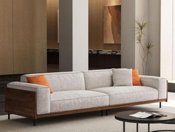 Modern four-seat fabric sofa, suitable for living room—a comfortable 111.81-inch sofa with a wooden frame and metal legs, easy to assemble, ideal for an office or living room, in grey.