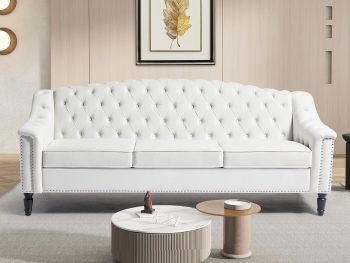 Mid-Century Modern Velvet Sofa, 80" Large Upholstered Sofa with High Back, Chesterfield Couch Sleeper Settee with Solid Wood Legs, Tufted 3 Seater Wide Couches for Living Room Office (White)