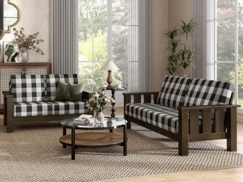 Modern 2-Piece Solid Wood Sofa Set with Plaid Removable Cushions, Black and White Upholstery Fabric, Comfortable Couch and Loveseat for Living Room, Dark Walnut