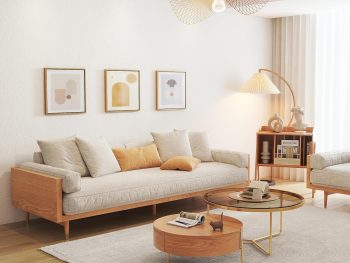 Modern 3 Seater Sofa, Upholstered Linen Fabric Couch, Chinese Style Sofa with Solid Wood Frame Large Sofa for Living Room, 82.7" W x 34.6" D x 26.8" H