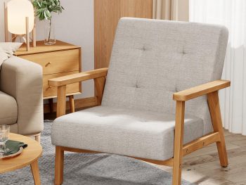 Mid Century Accent Chair for Living Room, Upholstered Modern Wood Frame Armchair Slipper Club Lounge Chair Guest Reception Couch Comfy Single Sofa for Bedroom-Grey