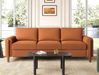 83.86" 3-Seater Sofa, Curved Armrest with Integrated Solid Wood Legs, Teddy Velvet Fabric, High Weight Capacity (250 lbs/seat), Durable Solid Wood Frame, Orange