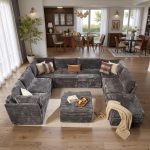 Modular Sectional Sofa Couch with U-Shape Chaise Ottomans, Comfy Plush Corduroy Cloud Couches, Modern Deep Seat Sofas Set for Living Room, 9-Seater, Grey