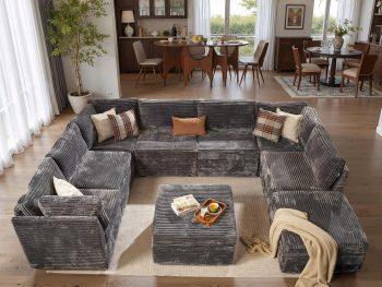 Modular Sectional Sofa Couch with U-Shape Chaise Ottomans, Comfy Plush Corduroy Cloud Couches, Modern Deep Seat Sofas Set for Living Room, 9-Seater, Grey